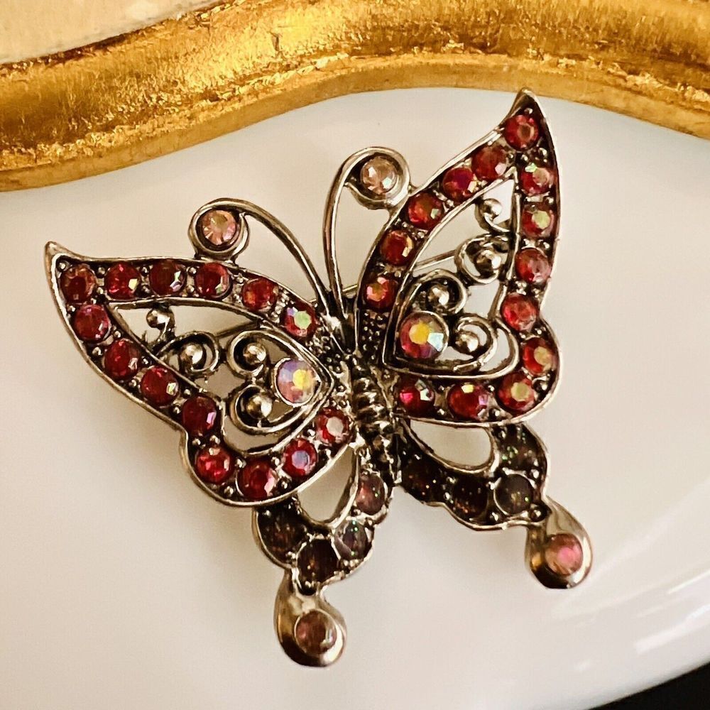 Vintage Butterfly Figural Vintage Pink Jeweled Pin Brooch Rhinestones AB 4561